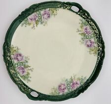 Rare Hand-Painted Porcelain Plate with Green Rim & Purple Roses picture