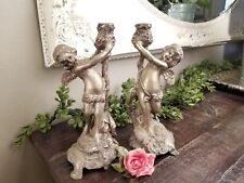 Antique French Pair of Pewter Cherub * Angel * Putti * Candle Holders picture