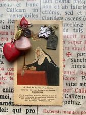 RARE LOT VINTAGE RELICS / EX-VOTO St Rita with hearts & vine leaf : Genoa  1940 picture