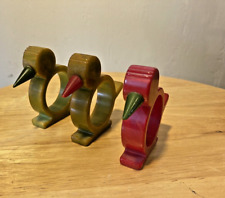 Vintage Bakelite Three Chicken Napkin Rings  Two Green One Red MCM Easter Decor picture