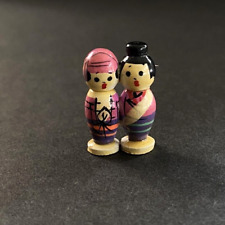 Tiny Wood Kokeshi Doll Pin Brooch Two People 1.25in Vintage picture