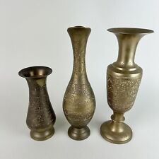 Lot 3 VTG Etched Floral Brass Pitcher & Vases 11