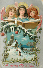Embossed Tuck Christmas Postcard 136 Angels Sing Above People Going To Church picture