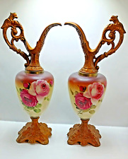 Pair of Antique Victorian Hand painted Rose Mantle Ewer Porcelain and Bronze picture