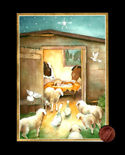 HTF CASPARI Nativity Baby Jesus Lambs GOLD SHINE - SMALL Christmas Greeting Card picture