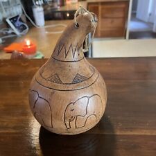 African Gourd Vase Hand Carved Folk Art 6” Elephants picture