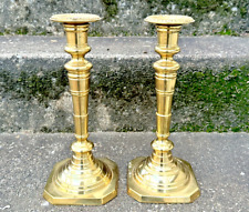 Vintage PAIR French Polished Brass Heavy Candlestick Holders 12