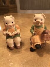 Vtg 2 Pigs Summer picnic basket  And Reading Book Ceramic Figurine’s picture