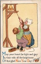 Vintage 1910s Tuck's HAPPY NEW YEAR Postcard Dutch Boy & Girl Ringing Bell #614 picture
