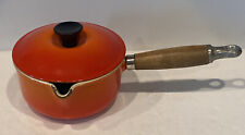 Le Creuset #14 Orange Saucepan & Cover France Wood Handle Spout Vintage picture