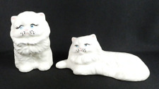 2 Ceramic White Persian Cat Figurines Statues Blue Eyes Laying Sitting Vtg 1984 picture