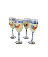 Set Of 4 Hand Painted ROOSTER / CHICKEN Wine Glass 8.5