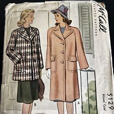 Vintage 1940s McCalls 5129 Patch Pocket Collared Coat Sewing Pattern 14 XS UNCUT picture