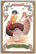 Postcard Thanksgiving Greetings Patriotic Children Turkey Embossed Antique 1907 picture