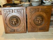Pair Gorgeous French Architectural Mahogany Wood Door Panels Hand Carved Lions picture
