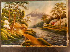 Vintage Textile Oriental Asian Fabric Needlework Mount Mt Fuji ? apx 16x11