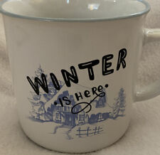 Winter Is Here Cabin  Large coffee mug white 21 oz. Blue rim Beverage Cup picture