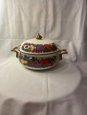 Vintage cornucopia enamel 10 inch cooking pan with lid, fruit pattern, brass tri picture