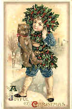 John Winsch Schmucker Designed Holly Wreath Boy w Teddy Bear Christmas Postcard picture