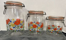 FRANCE GLASS CANISTER SET OF 3 FLOWERS MCM R CARMAN VINTAGE picture