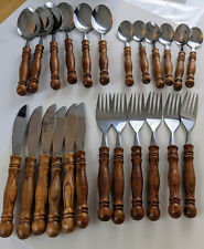 Vintage Wooden Handle 23 Piece Flatware Silverware Stainless Set Made in Taiwan picture