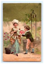 Victorian Trade Card Ce Bouquet Et Mon Coeur Boy Giving Girl Flowers tc1-5 picture