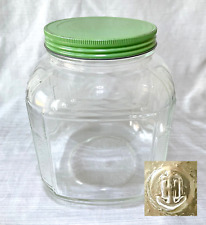 Vintage Square Clear Glass Jar Ribbed Hoosier Style With Green Metal Lid picture