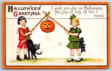 Halloween Joy~Boy & Girl Hold Up Jack O' Lantern On Sticks~Black Cat~Stecher 63E picture