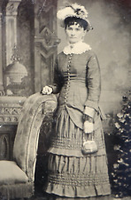 Antique 1870's Fashion Tintype Photograph Beautiful Woman Long Dress with Purse picture