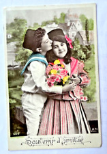 c1914 Vintage Postcard~Hand Colored RPPC~Boy & Girl, Friendship Souvenir, French picture