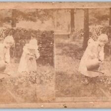 c1890s Cute Children Watering Flowers Boy in Dress Real Photo Stereo Card V23 picture