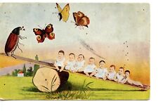 Multiple Babies on See Saw w/ Insect & Butterflies-Cute Vintage Humor Postcard picture