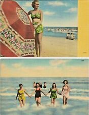 c1940s Lot of 2 Unused Linen Seaside Bathing Beauty Postcards Surf Beach Scenes picture