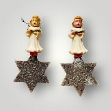 Vintage Christmas Angels Celluloid Glitter 4” Mica Star Ornaments Lot of 2 FLAWS picture
