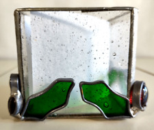 Vtg??? Stained Glass Candle Candy Holder Square~3.5 in~Glass & Metal~Holly & Ivy picture