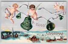 1910's MERRY CHRISTMAS*ANGELS CHERUBS STRINGING BELLS ABOVE TOWN*EMBOSSED picture