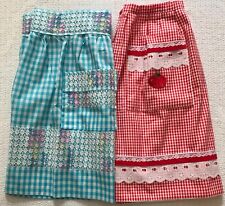 2 Vintage GINGHAM APRONS , Red & Aqua, PRETTY EYELET, CHICKEN SCRATCH ~ POCKETS picture
