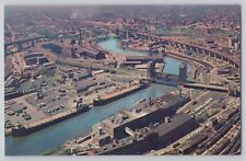 Aerial View Downtown Cuyahoga River Cleveland Ohio OH 1950s Chrome Postcard picture