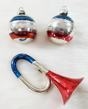 3 Vintage Patriotic RWB Stripe Ball Horn Trumpet Glass Christmas Ornaments picture