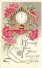 c1910 Embossed New Year Postcard; Cuckoo Clock & Pink Carnation Flowers, Used picture