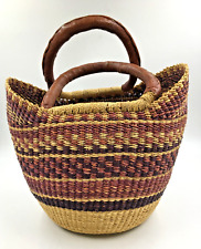 Ghana African Market Bolga Basket Hand Woven Natural Leather Handles Earthtones picture