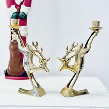Vtg Brass Reindeer Candle Stick Holders Christmas  Figurine Buck Set of 2 MCM picture