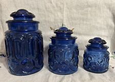 VTG Rare COBALT BLUE L.E. Smith Moon And Stars 3 Piece Canister Set picture