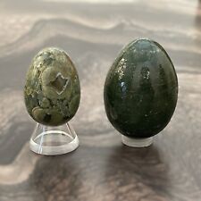 Set of 2 Beautiful Green Mineral Eggs, Jasper/Aventurine? & One w/Clear Windows picture