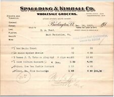 Burlington, VT Spaulding, Kimball & Co Grocers 1917 Billhead w/ WWI USFA* Stamp picture