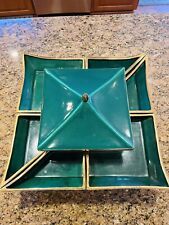 Rare Vintage MCM 'Ever Art' Lazy Susan Serving Tray Green and Gold and Wood picture