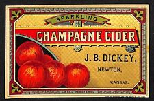J.B. Dickey Sparkling Champagne Cider Label Newton, Kansas c1890-1900 VGC Scarce picture