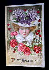Pretty Lady in Big Hat with Flowers Winsch Schmucker Valentine Postcard-h336 picture