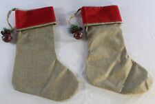 Pair 2 New Natural Jute Stockings Red Cuff Christmas Bell 17.5 in and 18 in picture
