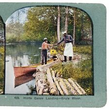Brule River Wisconsin Stereoview c1905 Harts Canoe Landing Black Chef Cook F90 picture